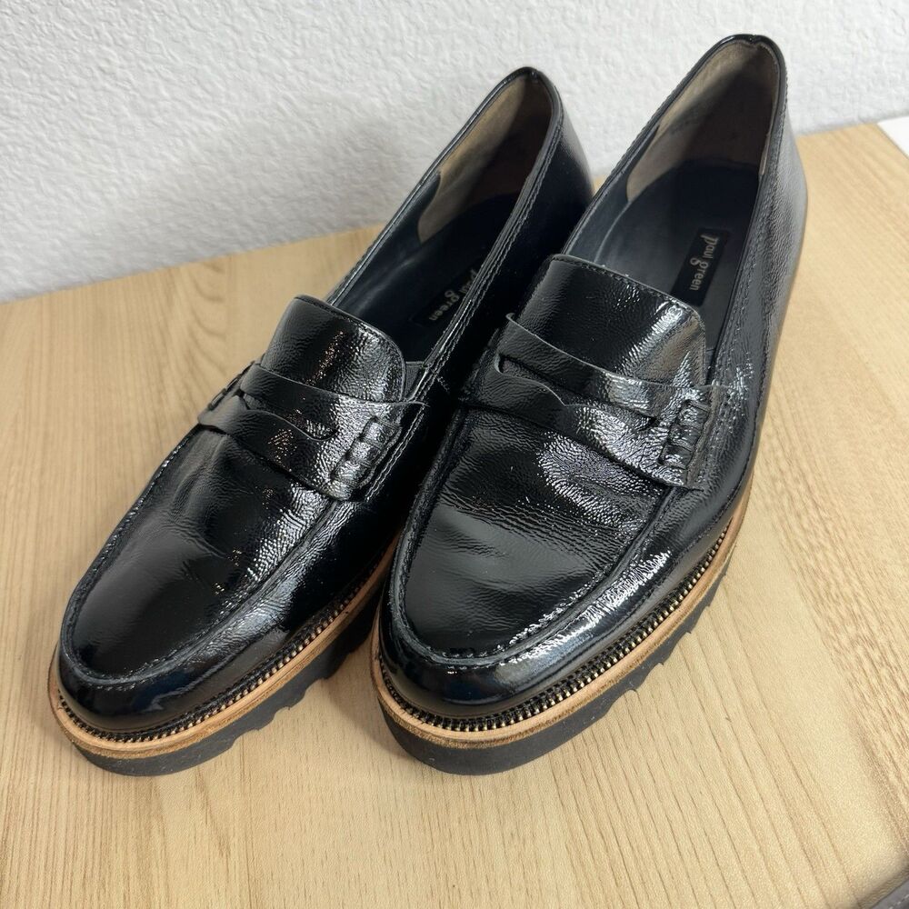 Paul Green Platform Lug Loafers Black Crinkled Patent Leather Size US 7.5 Penny